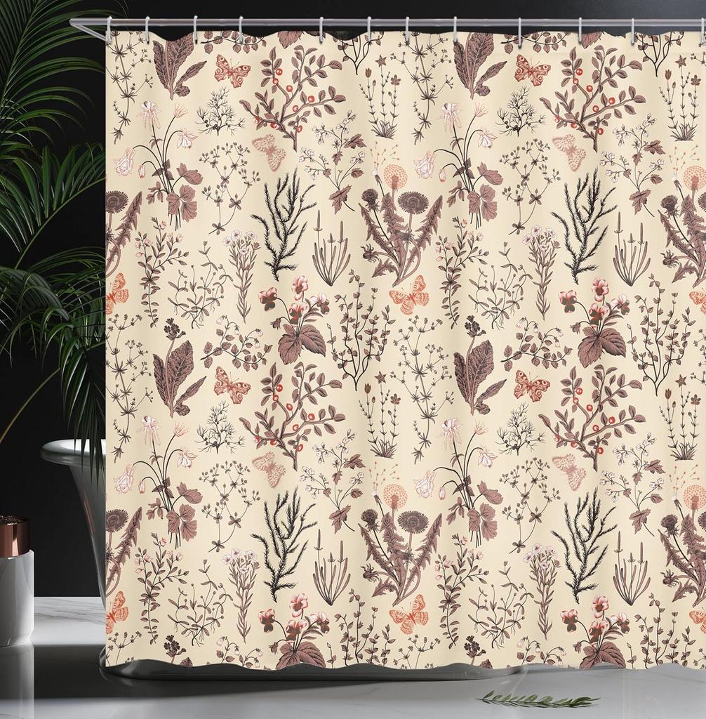 Floral Shower Curtain, Vintage Garden Plants Herbs Flowers Botanical Classic Design Illustration, Cloth Fabric Bathroo