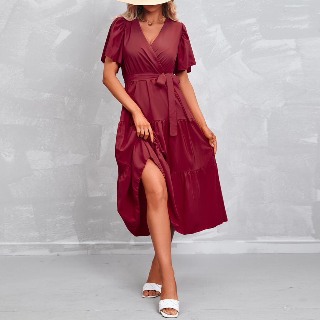 Modisches Damen Sommerkleid in Farbe mit V-Ausschnitt, kurzen Ärmeln und Bindung für den Strandurlaub