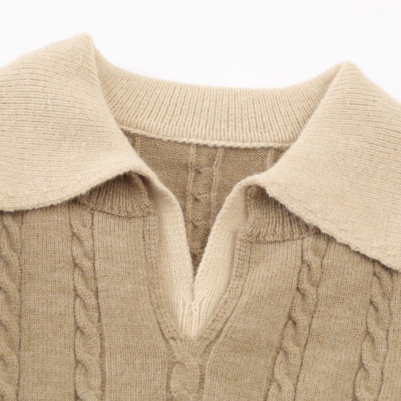 Mens Loose Fit Knit Sweater With Collar Turn-Down Neck Acrylic Blend Pullover Casual Streetwear