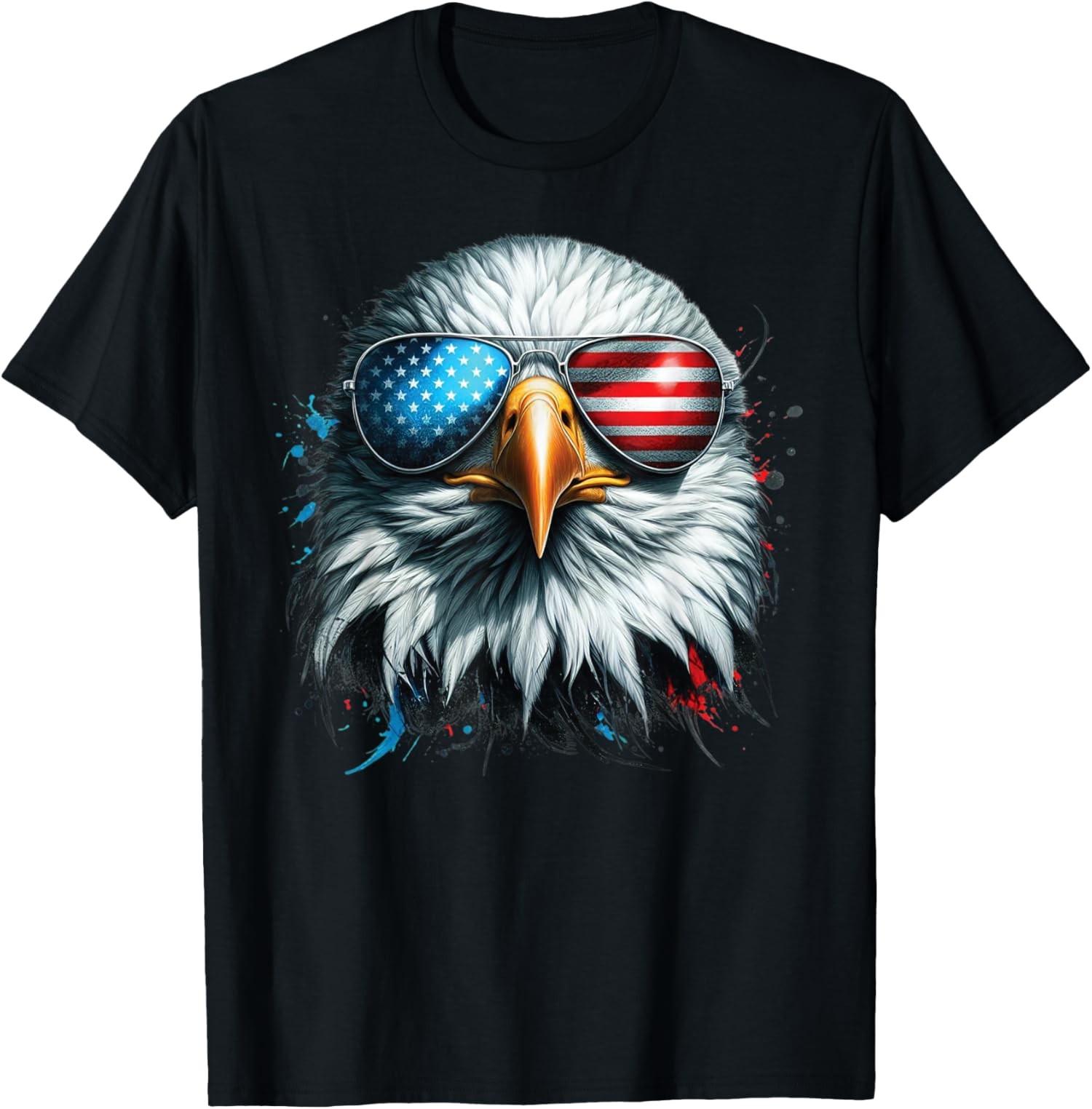Funny Patriotic Bald Eagle with American Flag Sunglas Unisex T-Shirt S разноцветный