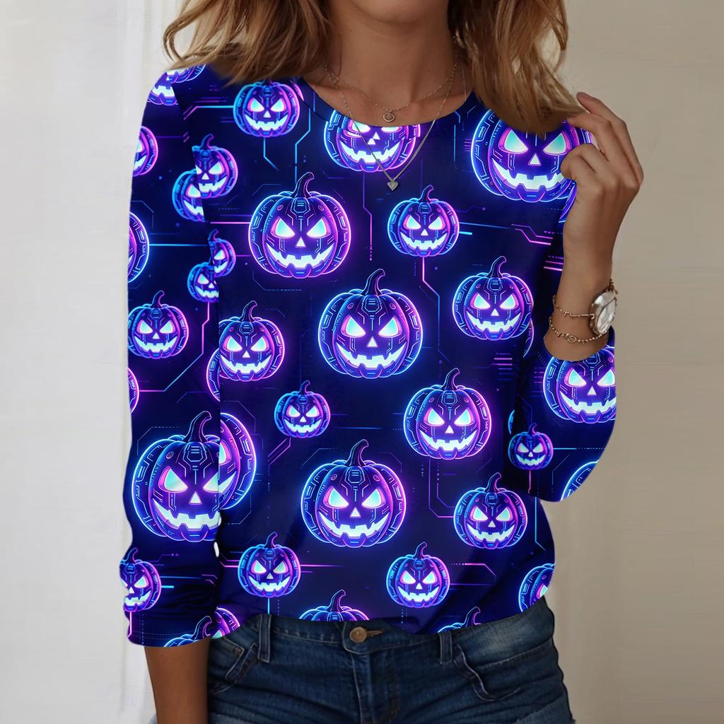 Women's Casual Long Sleeve Pullover Top Halloween Print Round Neck Sweatshirt Comfortable Fit Lightweight Fabric