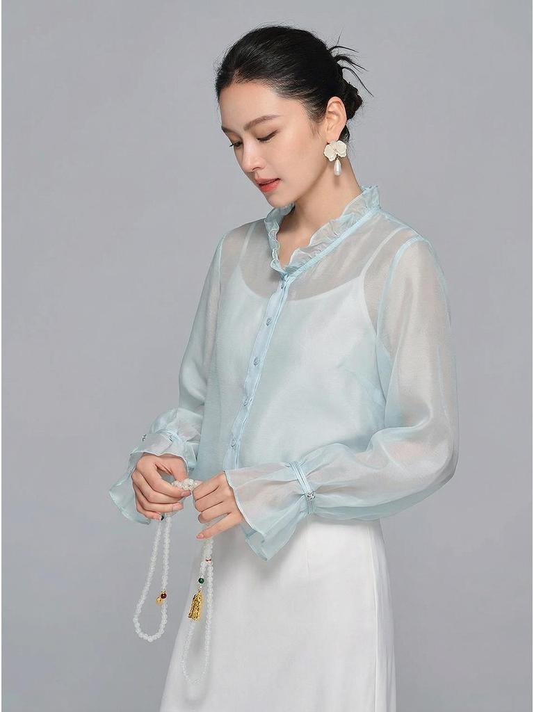 Zhi Hetang Retro Silk V-Neck Ruffled Long-Sleeve Blouse