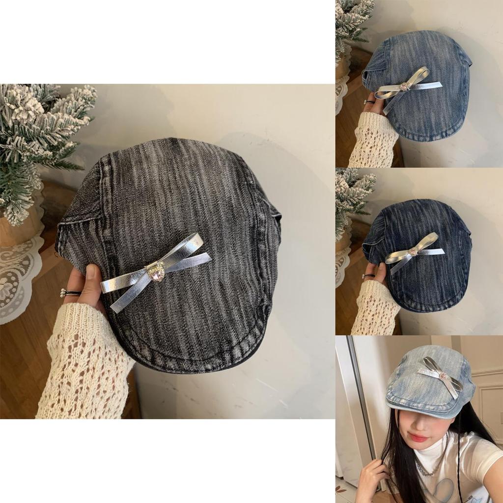 Original Design Diy Butterfly Knot Beret Hat For Women In Cool Y2k Vintage Denim Style