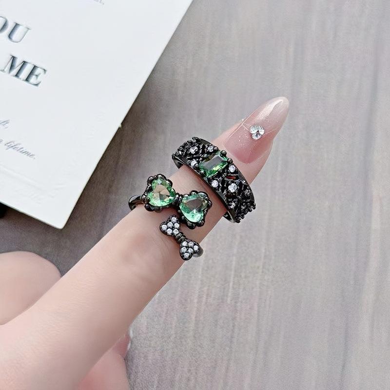 Wind Dunkelgrün Diamant Unregelmäßiger Bogen Mode Offener Ring Geschlechtsneutral Wind Leichter Luxus Punk Ring Frauen