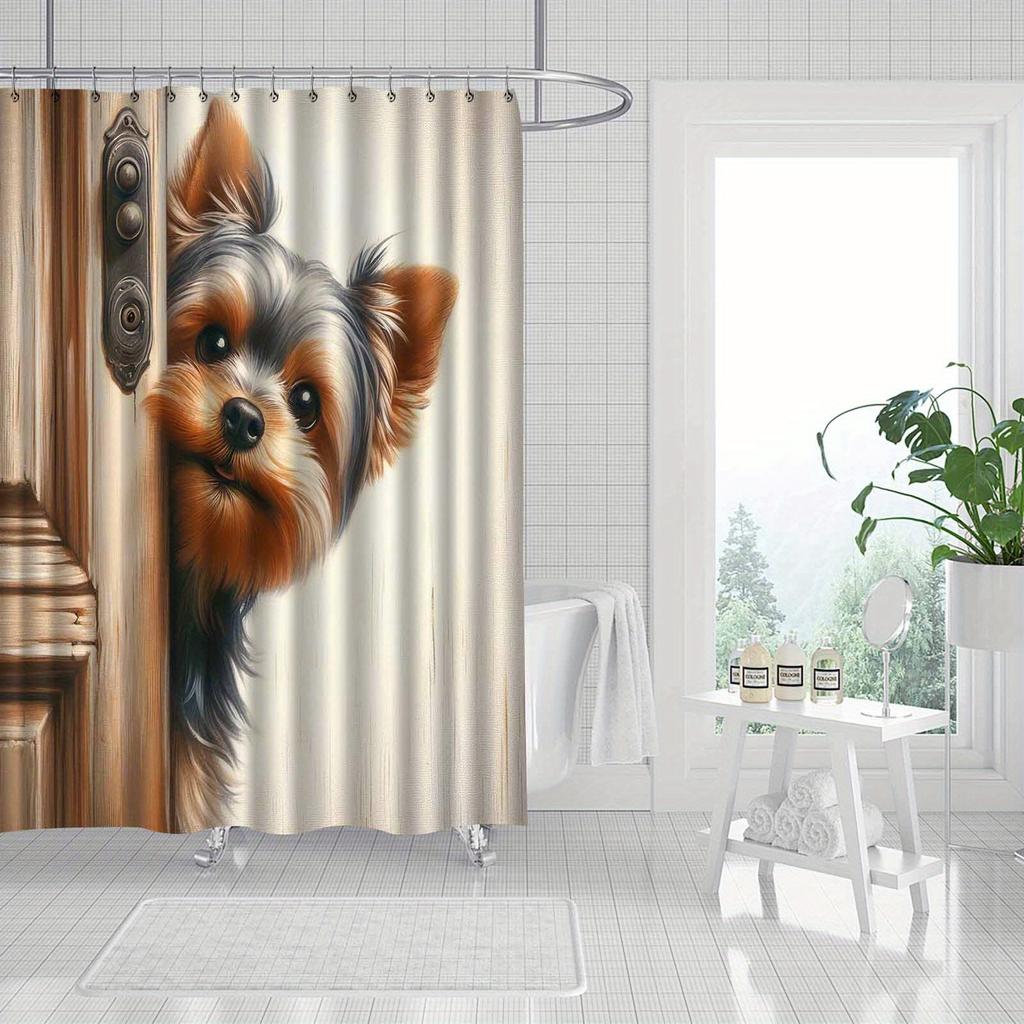 Süßer Yorkie Hund Duschvorhang Hund lugt aus der Tür Cartoon Kunst Haustierliebhaber Dekor Wasserdichtes Gewebe Duschvorhang Set Wohnstil