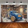 1 piece of 2D flat banner retro garage background banner - designed in hot car and rural workshop style