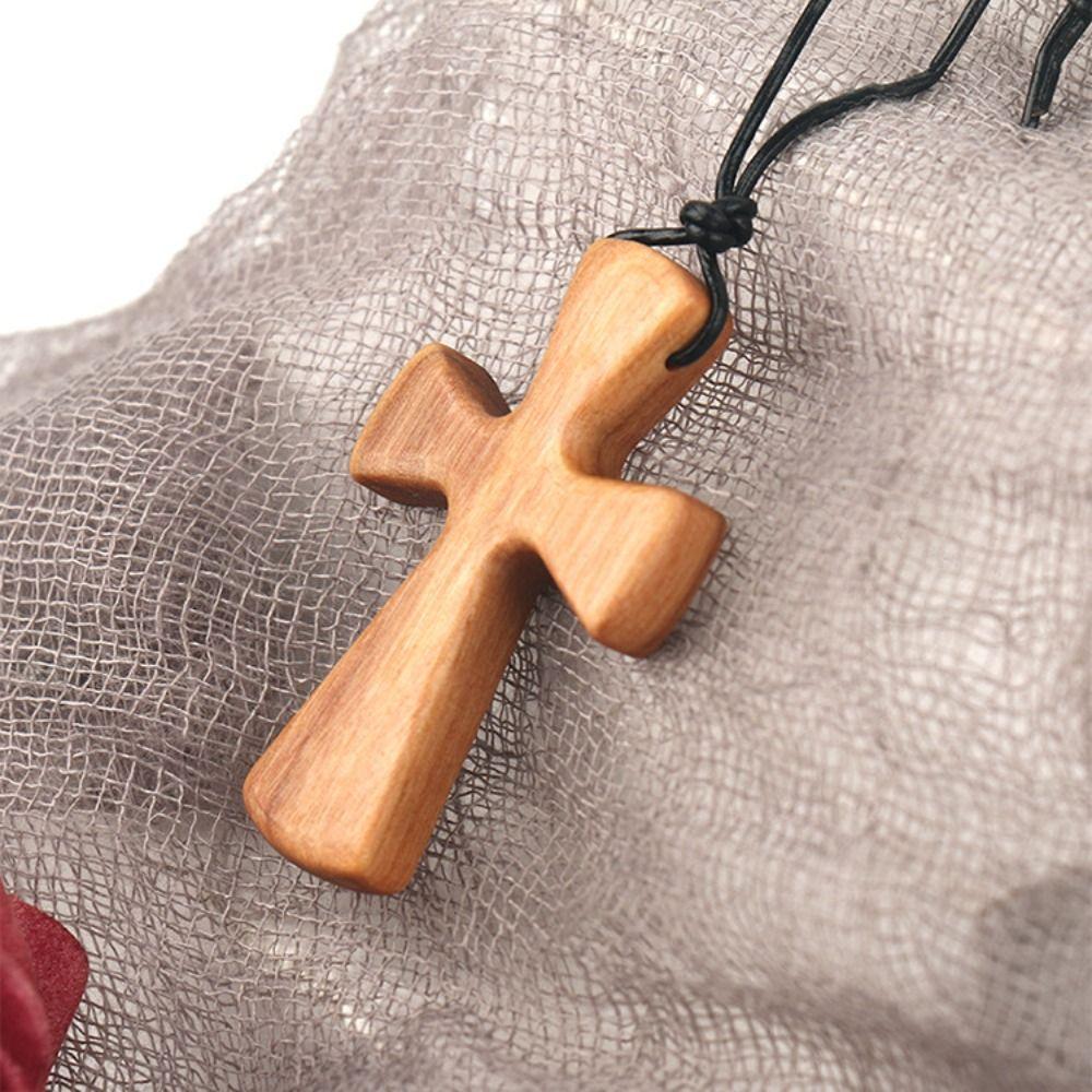 Leather Rope Cross Necklaces Hand-carved Neckchain for Prayer Funny Cross Pendant Anniversary