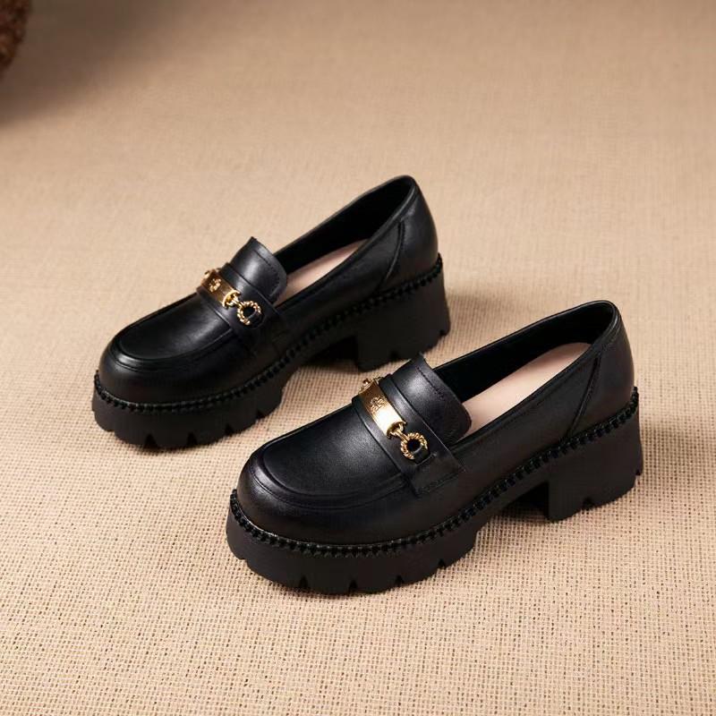 

Новые туфли из коровьей кожи первого слоя на толстом каблуке, маленькие кожаные туфли в стиле ретро на шнуровке, повседневные туфли на четыре сезона 35 чёрный