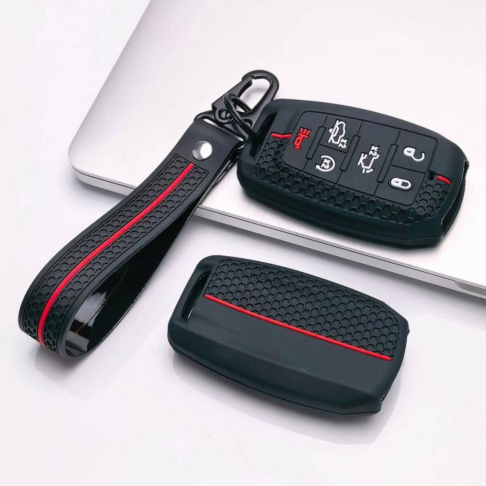 Silicone Key Fob Cover with keychain for Dodge Durango Challenger Charger Chrysler 300 for Jeep Grand Cherokee Grand Wagoneer Protective Case Fits 6