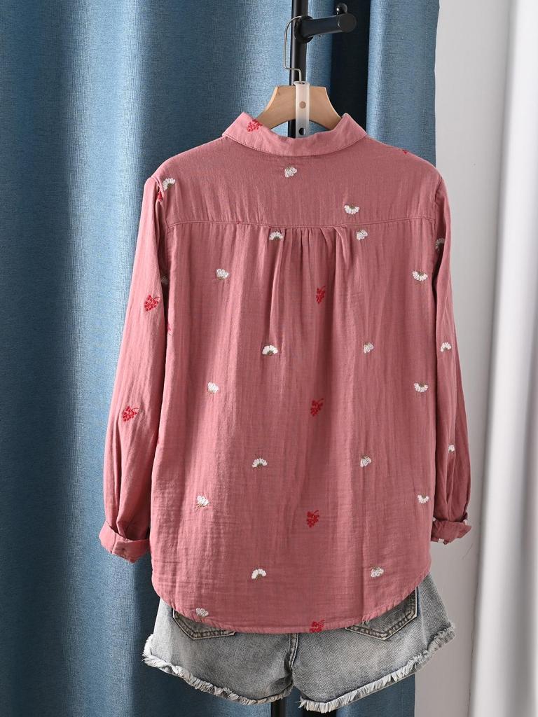 Double-Layer Gauze Floral Embroidered Long-Sleeve Autumn Shirt for Women