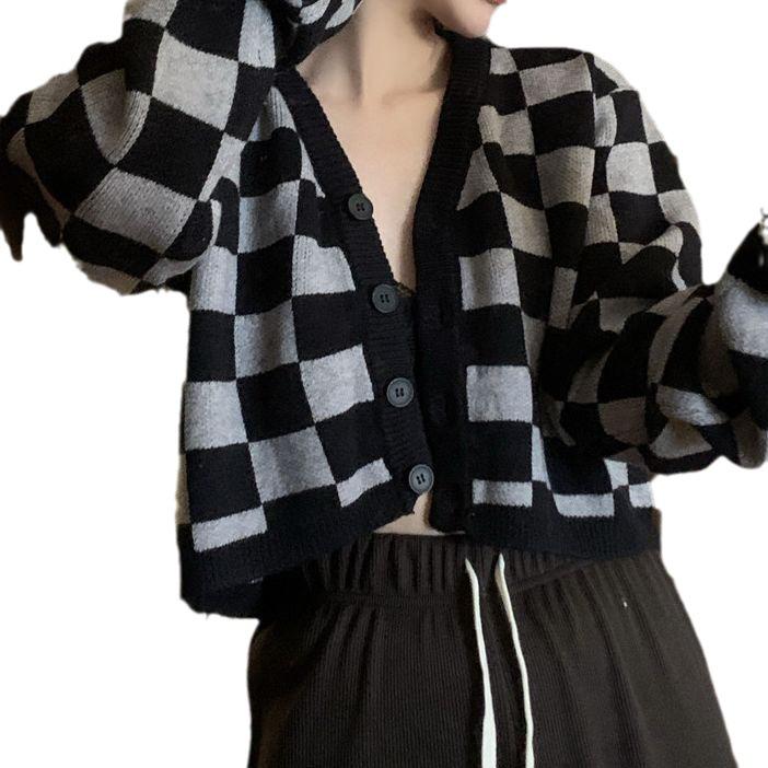 2023 Autumn Winter Women's Korean Plaid Knit Cardigan