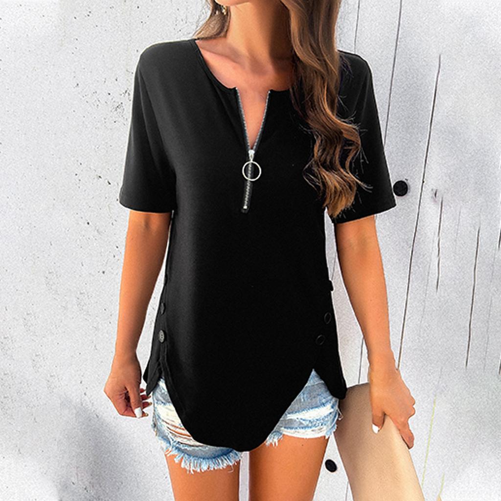 Casual Women's Solid Color Temperament Casual Solid Color Zipper Short-sleeved Tops