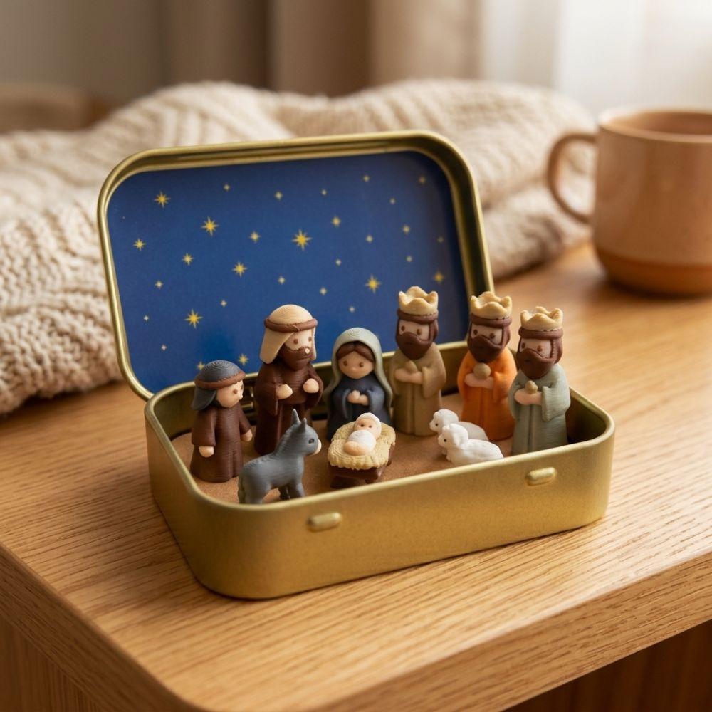 Metal Tin Box Mini Christmas Trough Set Holy Family Christmas Figurines  Indoor Display