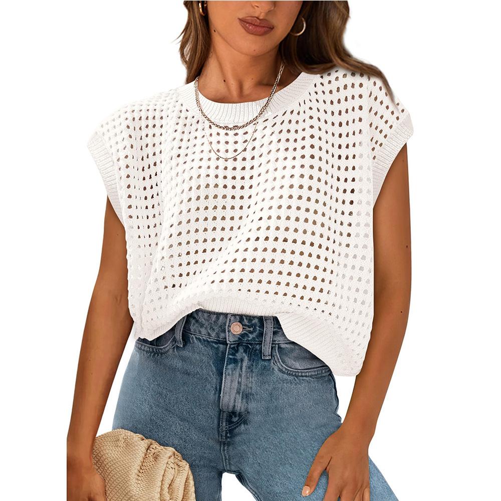 Summer Women's Round Neck Hollowed Out Sunscreen Knitted Sweater Cover Knitted Vests