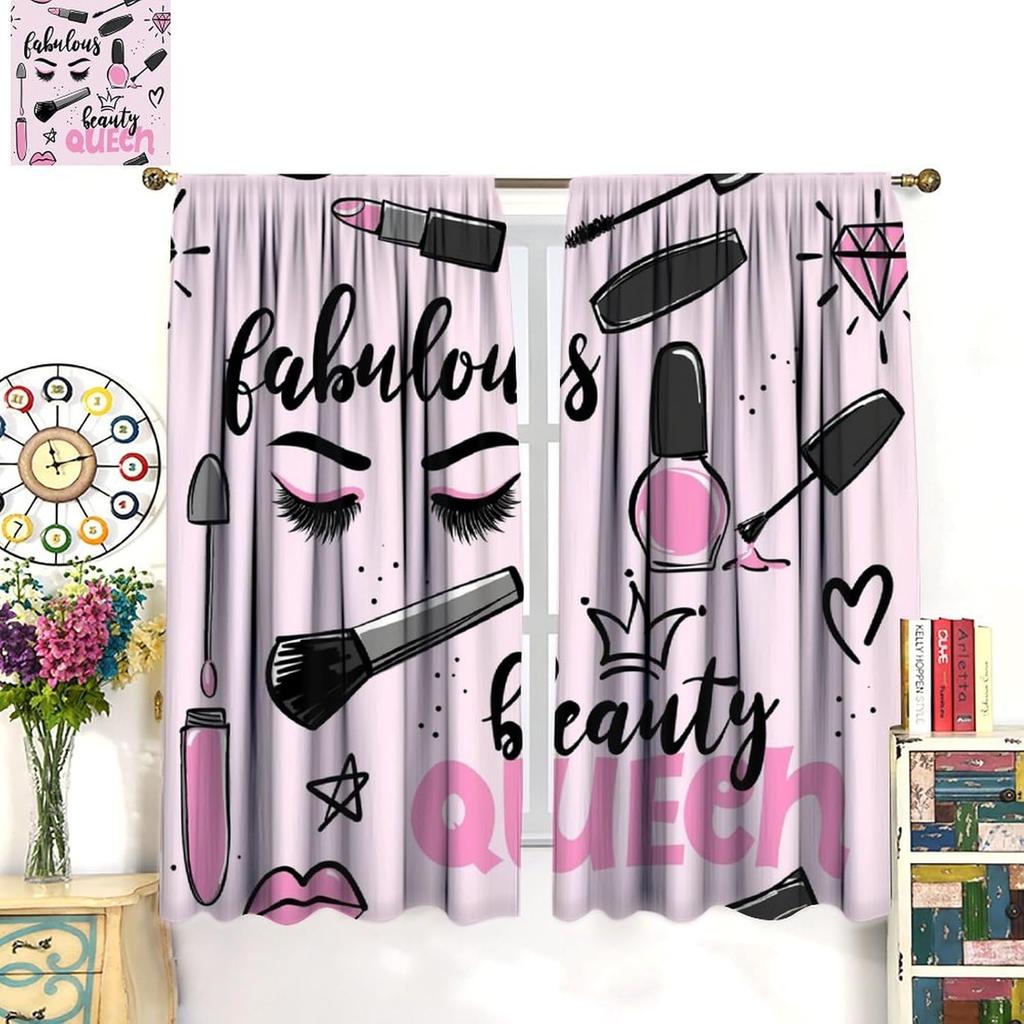 Fashion Makeup Curtains Pink Theme Lipstick Perfume Girl Makeup Blackout Window Treatment for Kids Girl Bedroom Cloakroom Decor
