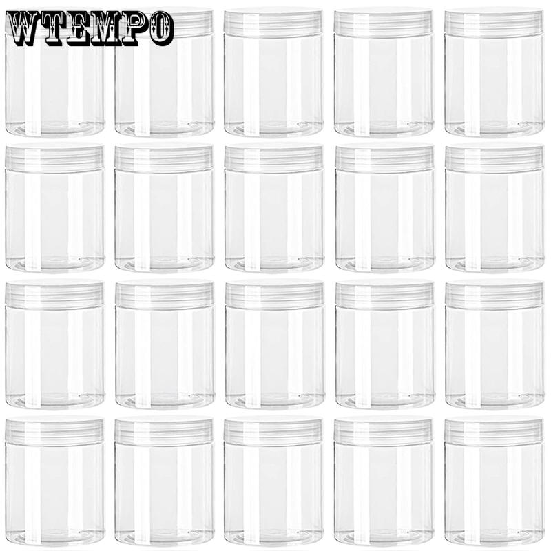 WTEMPO Clear Plastic Empty Jars with Lids Transparent Small Items Wide-Mouth Refillable Storage Containers Festive Party Decor Storage Jars
