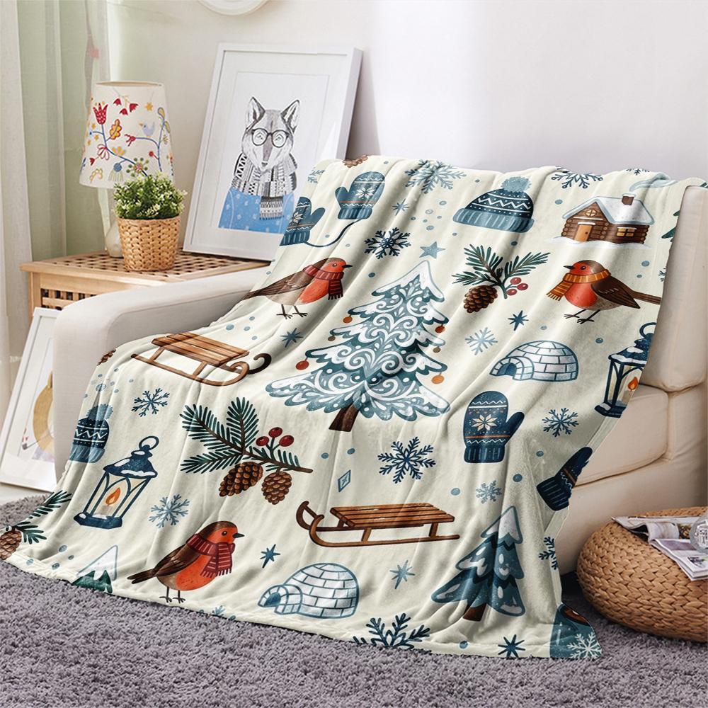 1Pc Cute Season Print Flannel Blanket, High quality Comfortable for All Seasons, Home Decor, Warmth and Comfort, Perfect for Christmas Gifts W50