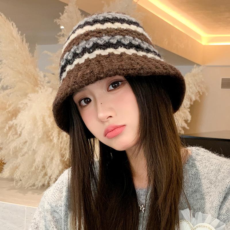 Versatile Color Blocked Knitted Fisherman Hat Korean Outdoor Windproof and Warm Wool Hat Casual Face Showing Small Basin Hat New