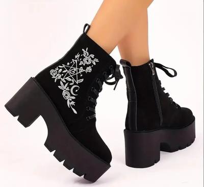 Botines de Plataforma de Moda para Mujer, Botas de Combate con Cordones y Tacón Grueso de Estampado Floral, Botas Versátiles con Cremallera Lateral
