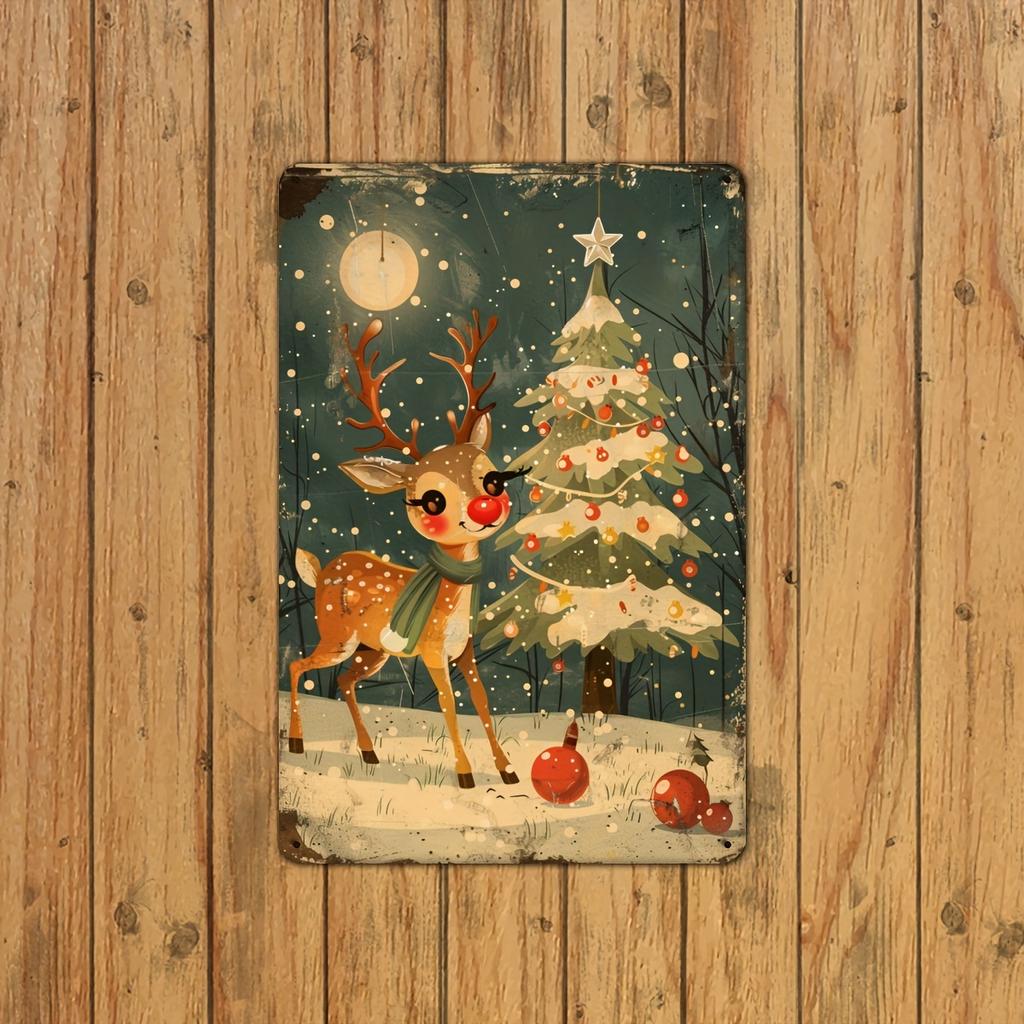 Fawn Vintage Metal Tin Sign, Christmas Indoor Outdoor Decoration Hanging Tin Painting, Wall Room Residential Bedroom Office