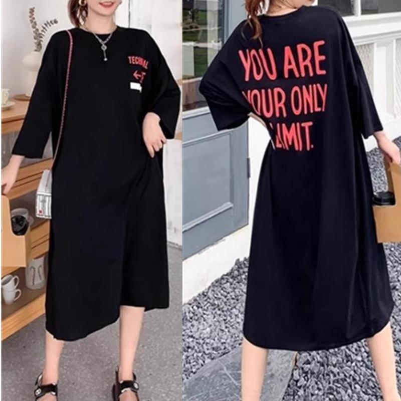 

Женское весенне-летнее свободное платье выше колена с боковыми разрезами Fat Mm Lazy 4XL чёрный