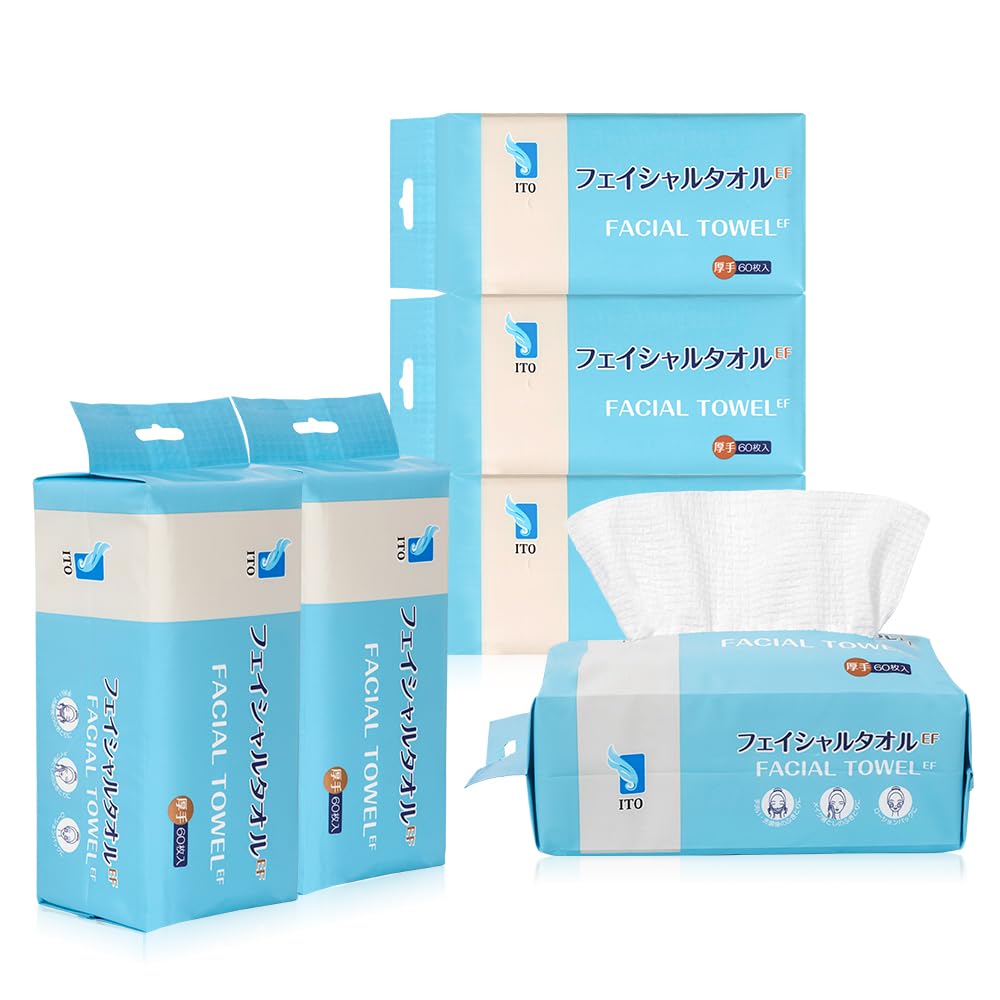 ITO Facial Towel EF 60 Sheets X 6 Packs Ultra Absorbentfluffy Thick Cotton Wipe OEKO-TEX Certified Original Fabric Cleansing Face Washing Embossed