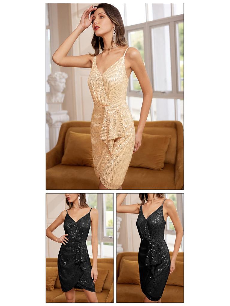 Večerní šaty bez rukávů s výstřihem do V, odhalenými zády a flitry - Vícevláknový nepravidelný design