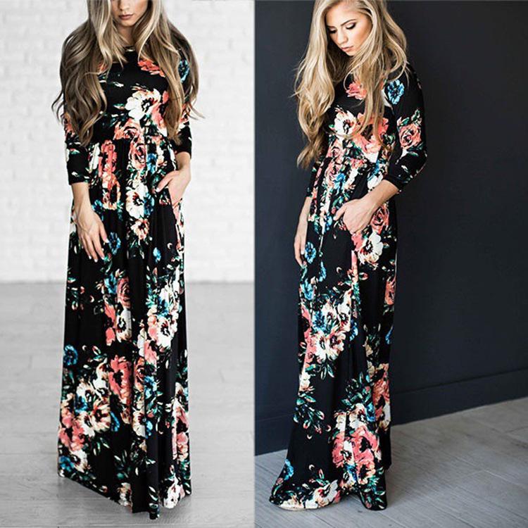 Women's Summer Long Dress Floral Print Boho Beach Dress Tunic Maxi Dress Evening Party Dress