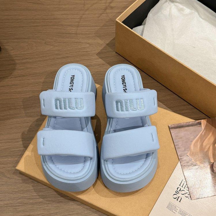 Velcro blue heightened thick-soled cool slippers for women's outerwear 2025 new summer skirt beach one-word slippers