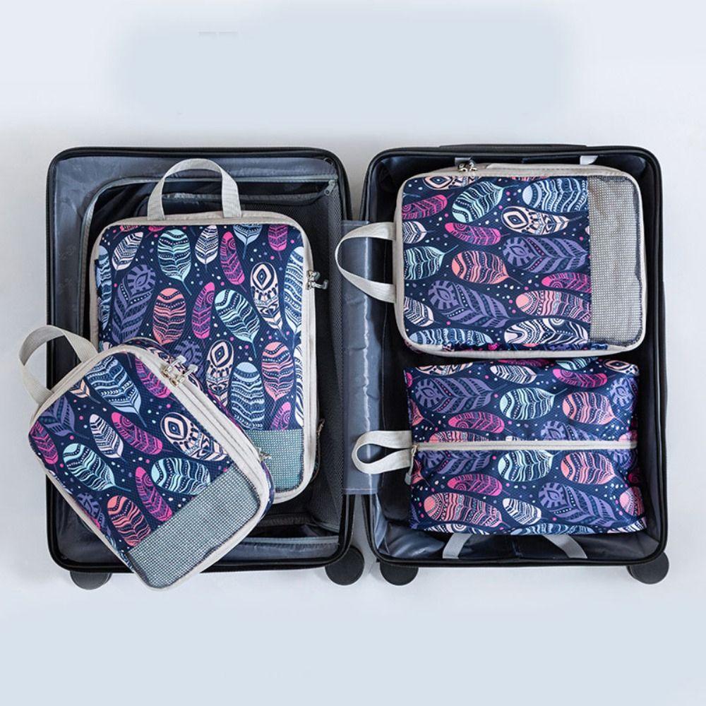 4pcs/set Printed Compression Storage Bag Large Capacity Foldable Luggage Storage Bags Set Dampproof Washable Packing Cubes