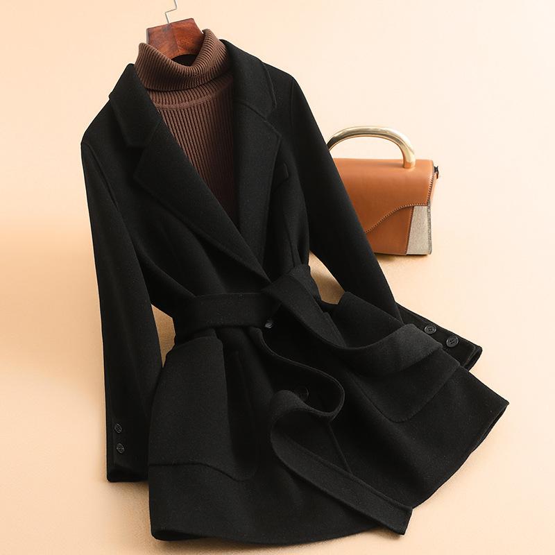 Autumn new wool coat women's fashion double-sided woolen coat lace-up medium and long coat coat