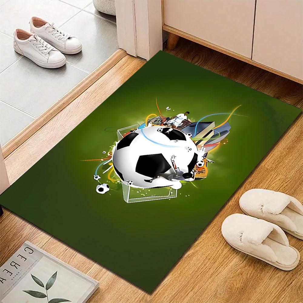 "Soccer World Art on Green Background" Patterned carpet, suitable as a non slip play mat for the living room and bedroom sofa