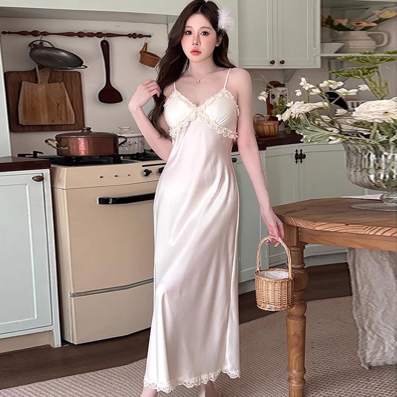 

Женский пижамный комплект из ледяного шелка с V-образным вырезом - Ночная сорочка и халат во французском стиле с нагрудными вкладышами и стильным дизайном спины Large