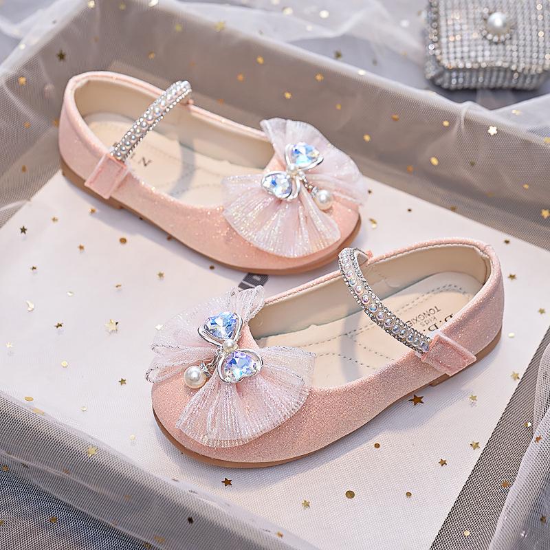 2025 Herbst Neue Koreanische Stil Strassstein Schleife Leder Schuhe für Mädchen – Weiche Sohle Prinzessin Performance Schuhe