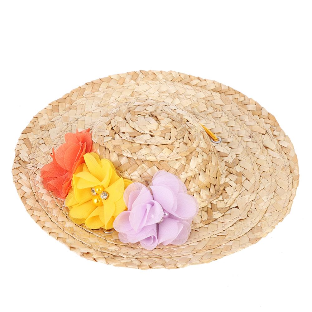 Pet Straw Hat Puppy Cap with Colorful Flowers for Party Costume Decorations(M)