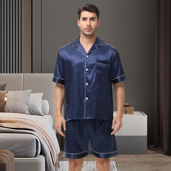 2Pcs/Set Men Pajamas Set Lapel Short Sleeve Single Breasted Tops Elastic Waist Shorts