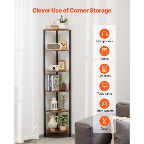 VEVOR 6 Tier Corner Shelf, Tall Corner Stand with LED Light, Wall Shelves Tower Storage Organizer with Metal Frame & Wooden Shelves