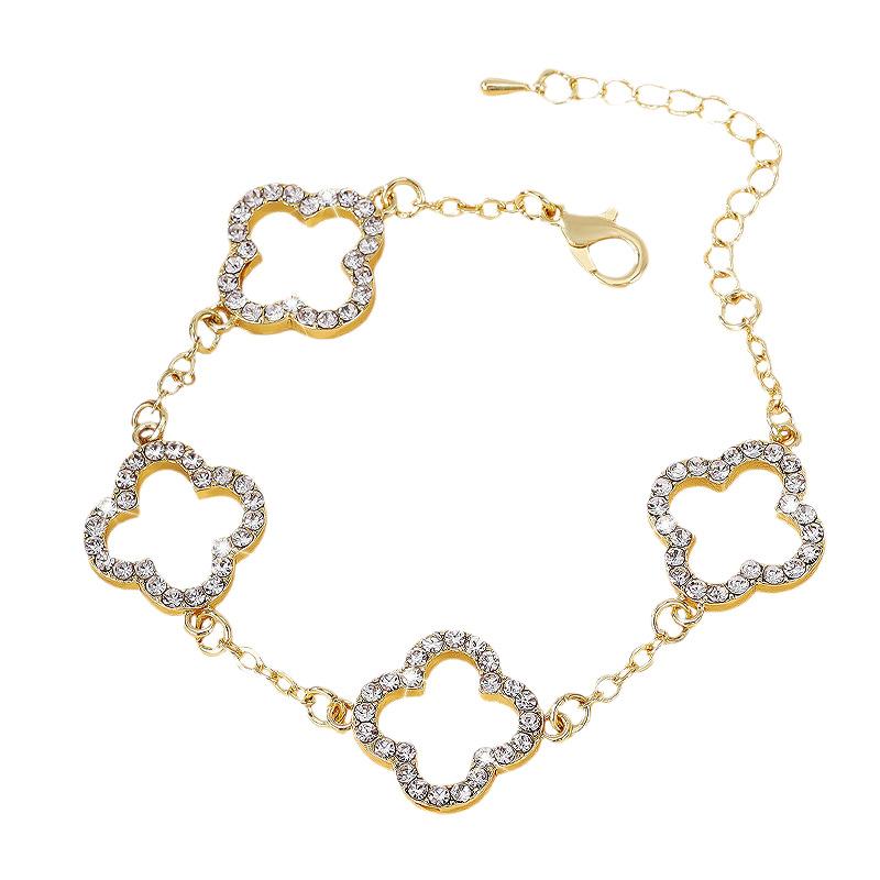 European and American Style Hollow Four-leaf Clover Bracelet Light Luxury Niche Exquisite Detailed Diamond Rhinestone Flower Adjustable Jewelry Women