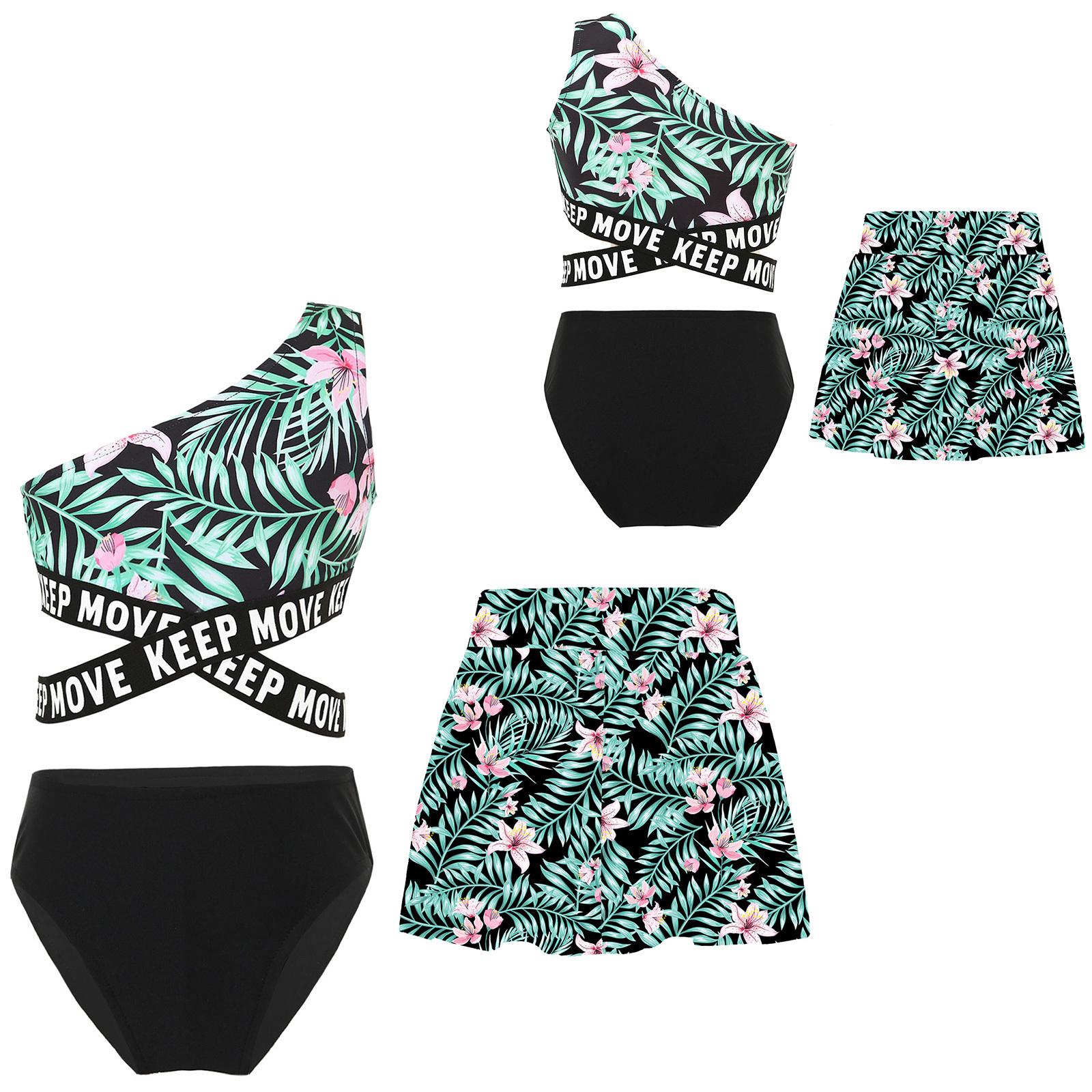 

Комплект детского купальника для девочек, 3 шт., с принтом, топ-кроп на одно плечо, с перекрестной талией, с плавками и юбкой для пляжа, бассейна, плавания, купания чёрный