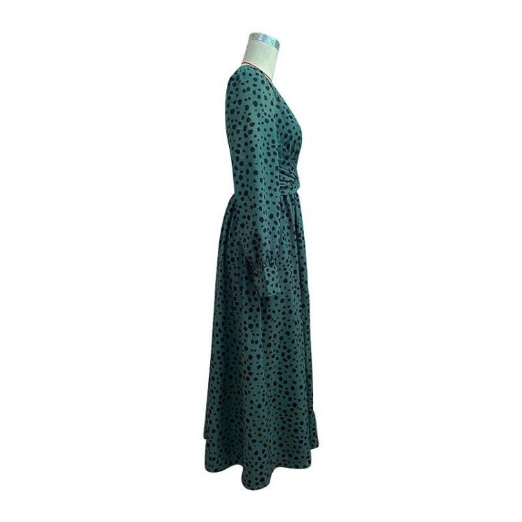 Green Leopard Print Chic Women Dress High Waist Long Sleeve V Neck Long Dress