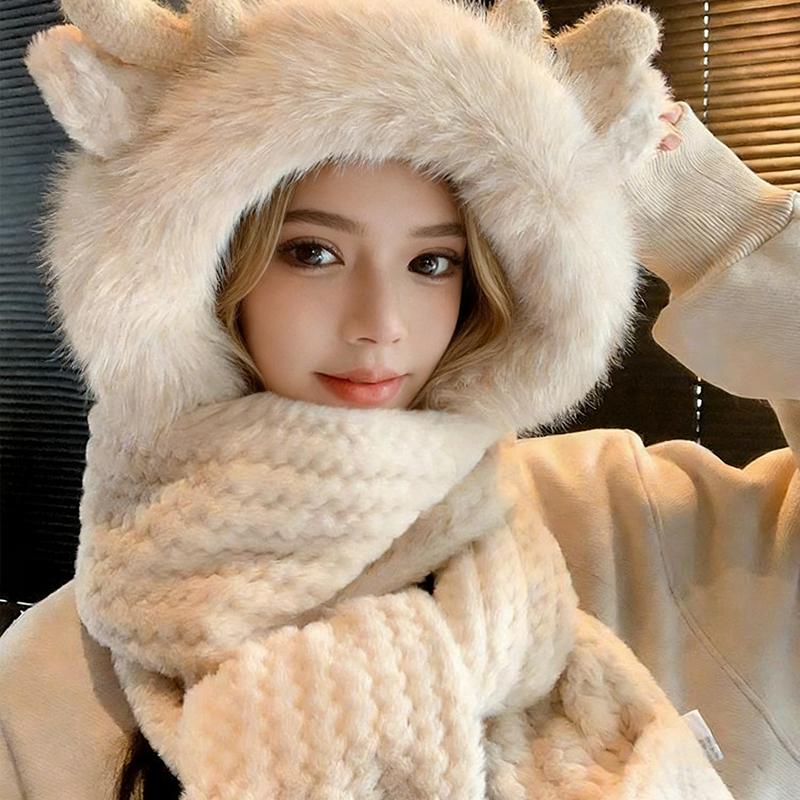 Fashion Elk Antlers Plush Hat Scarf Gloves Women's Winter Ear Protector Thickened Ear Muffs and Neck Warmer Hat Cycling Ski Cap Wind Proof
