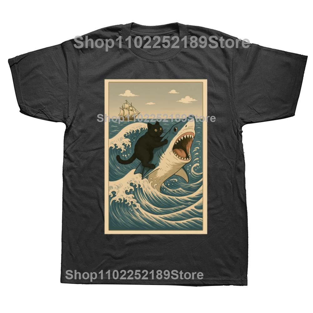Funny Cat Riding Shark Meme Art Wave Graphic T-shirts Men Women's Fashion Casual Tshirt 100% Cotton Loose Oversized T Shirt
