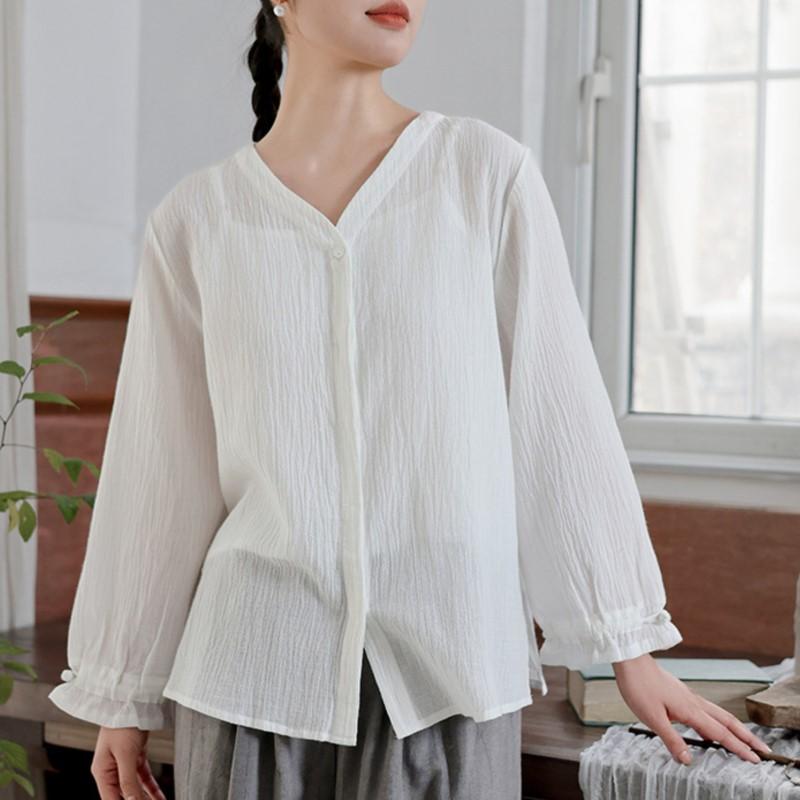 Johnature Women Shirts Tops V-Neck Long Sleeve Blouses Spring Button Solid Color Casual Women Shirts