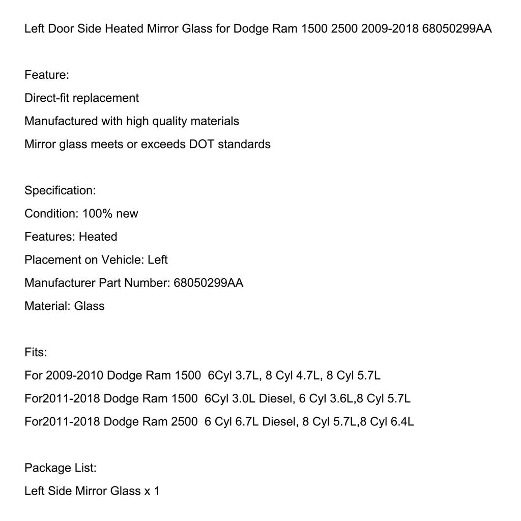Levé boční vyhřívané sklo zrcátka pro Dodge Ram 1500 2500 2009-2018 68050299AA