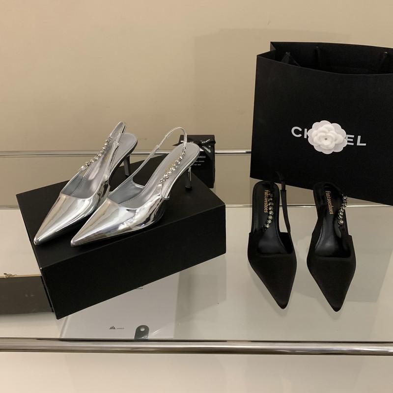 

Серебристые туфли-лодочки на высоком каблуке с открытой пяткой, летние, с острым носком, на тонком каблуке, в сексуальном стиле, красивые, универсальные женские сандалии 39 серебряный