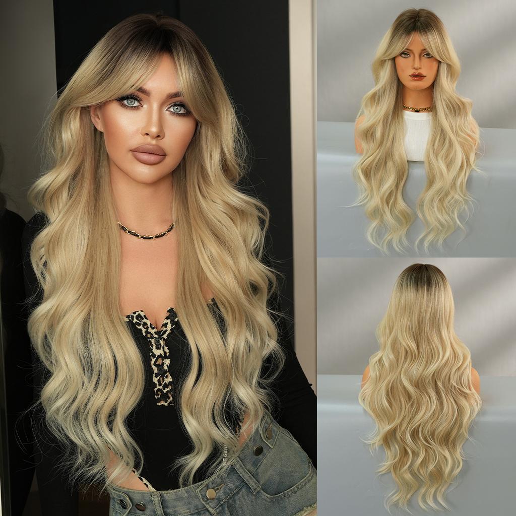 High Quality Eight Character Bangs Wig Women Long Curly Hair With Big Waves Internet Famous Silk Mist Gray Gradient Temperament Fluffy Full Head Cover
