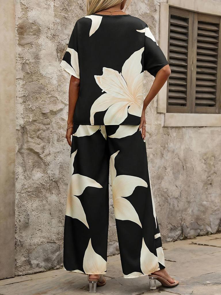 2026 Summer V-Neck Batwing Sleeve Printed Long Pants Fashion Two-Piece Set