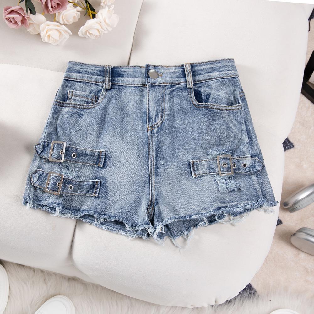 Women's High Waist High Rise Straight Leg Denim Shorts Frayed Ripped Buckle Detail Sexy Streetwear Jean Shorts