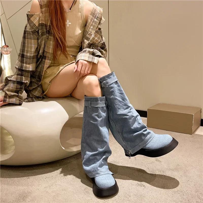 Fashion Women Pleated Chunky Platform Knee High Denim Boots Women Thick Bottom Wedge Western Boots Side Zipper Cowgirl Botas 2024