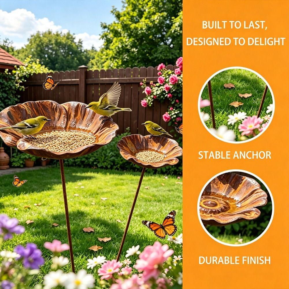 2/3PCS Rusted Red Bird Bath Metal Lotus Decorative Ground Stake Bee Watering Station Garden Decor